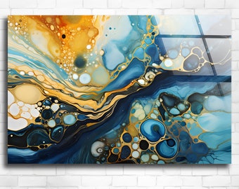 Arte de pared abstracto de vidrio acrílico azul y dorado, decoración minimalista moderna