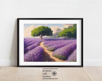 Lavender Wall Art, Landscape Art, Purple Flower Artwork, Floral Illustration, Farmhouse, Nature Wall Hanging, Home Decor, Matte Canvas Print