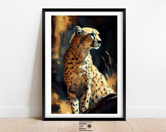 狩りをするチーター、室内装飾、壁アート、オリジナル絵画、動物の絵画