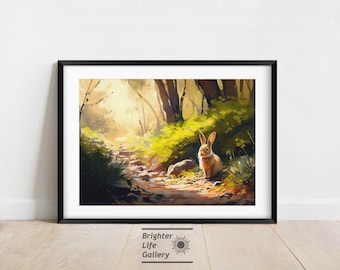 Tela Coelho na Floresta, Pintura de Coelho Selvagem, Arte de Parede para Quarto Infantil