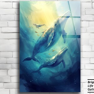 Whale Family Acrylic Glass Print, Ocean Wall Art, Coastal Decor, Nature Painting, Animal Decor, Home Decoration, Large Wall Art, Beach Art