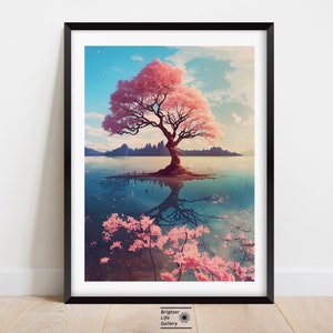 Pink Cherry Blossom Wall Art, Fantasy Landscape Artwork, Japanese Painting, Nature Wall Hanging, Sakura, Anime, Home Decor, Canvas Print