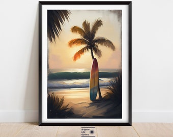 Surfboard Wall Art, Beach Art, Tropical Decor, Coastal Artwork, Ocean Painting, Gift for Surfer, Beach Sunset, Matte Canvas Print