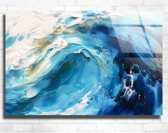 Abstract Wave Acrylic Glass Wall Art, Blue Ocean Art, Modern Beach Decor