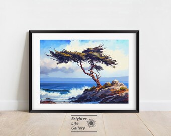May include: A painting of a lone tree on a rocky cliff overlooking a blue ocean with white waves crashing against the shore. The sky is a bright blue with white clouds.