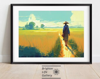 ヴィンテージベトナム田んぼの絵画：円錐帽子の女性、アジアの風景