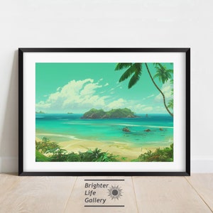 Tropical Beach Wall Art, Island Landscape, Beach Painting, Hawaiian Nature Artwork, Ocean Wall Hanging, Home Decor, Matte Canvas Print
