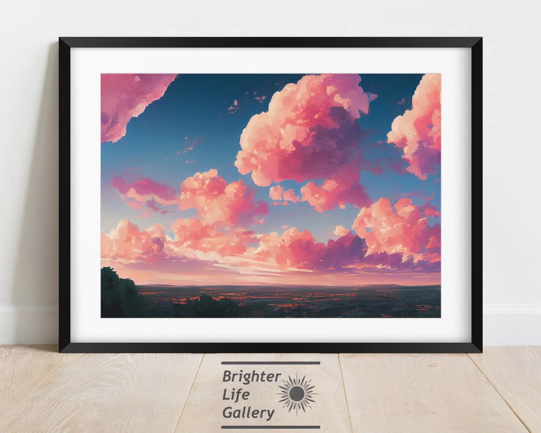 Pink Clouds Wall Art, Fantasy Painting, Nature Artwork, Anime Art