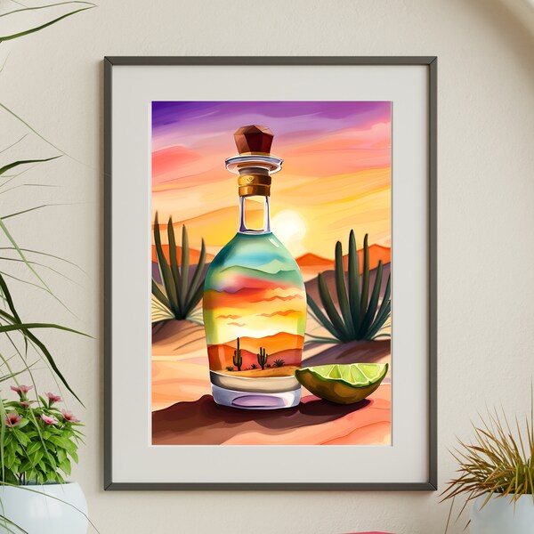 Tijuana Tequila Wall Art, bar decor, Watercolor Digital Painting, Mexican Inspired, Restaurant Decoration, Sunset, cactus, printable art