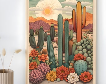 Vintage Mid Century Style Cactus Art Print | Retro cactus | Hippie art | vintage cactus Poster | 60s Digital Print | Printable Wall Art