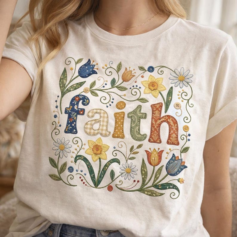 May include: A cream-coloured t-shirt displaying the word "faith" in a patchwork design, framed by a floral wreath. The flowers include daisies, daffodils, and tulips in various colours, with green leaves and vines.