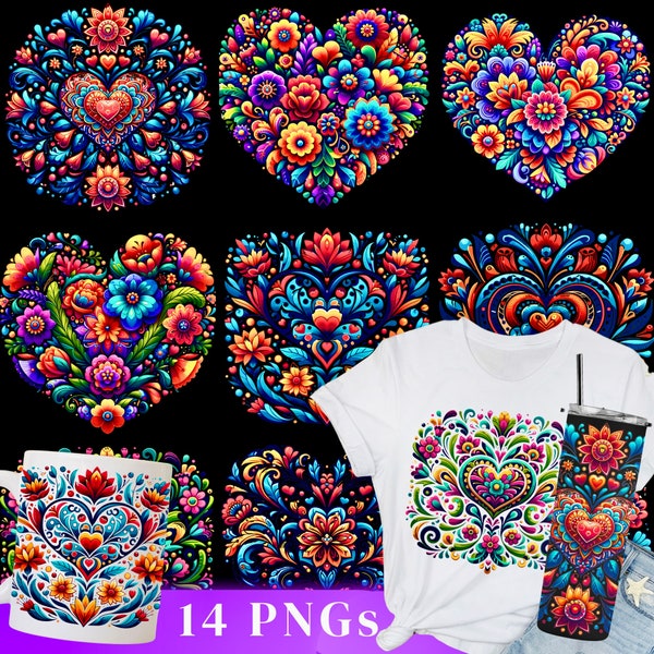 14 Mexican Heart PNGs | Mexican Flowers Poster | Neon | Flower Market | Mexico | Mexican Sublimation | Mexican Flower Heart |