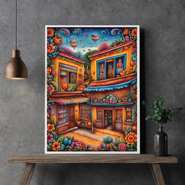 Mexican village market painting, Flower Market, Mexico Pattern folk Art, Mexican Art, Mexico, Digital Download Print, Mexico Wall Decor