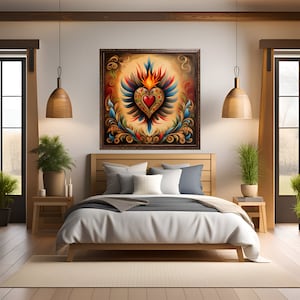 Mexican Sacred Heart Inspired Art Print, Aztec Art, Mexican Heart printable wall art, digital download, Mexican heart art print, Mexican art