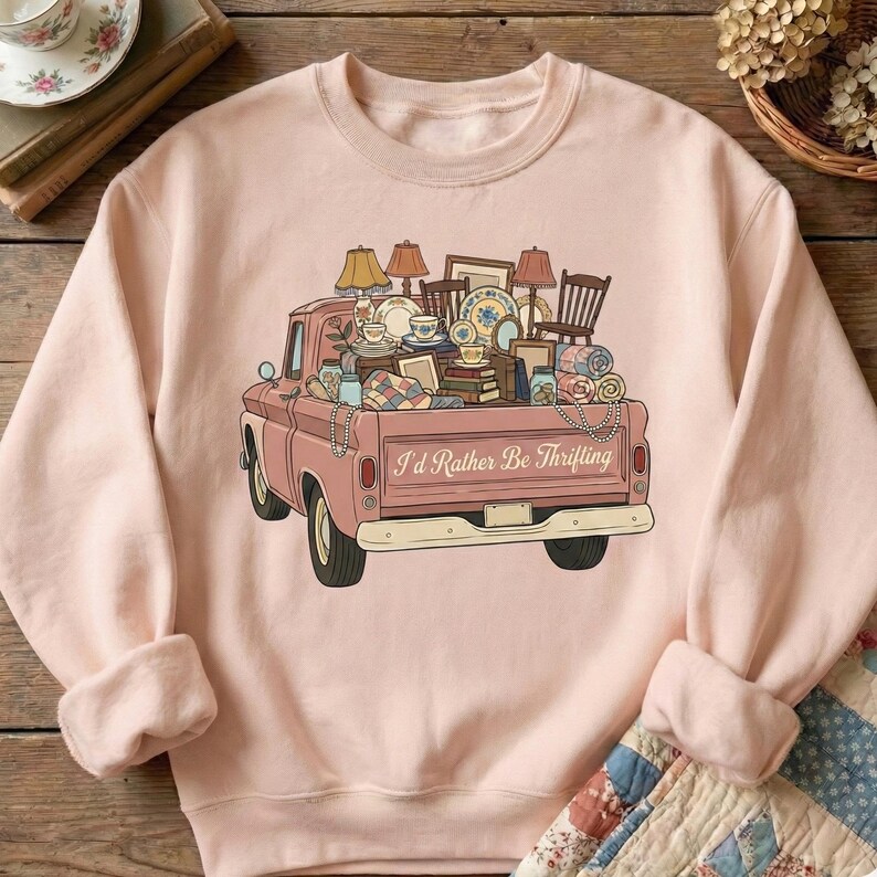 May include: A light pink sweatshirt featuring a vintage pink pickup truck filled with thrifted treasures. The truck bed is overflowing with lamps, chairs, dishes, and other items. The text "I'd Rather Be Thrifting" is printed on the truck.