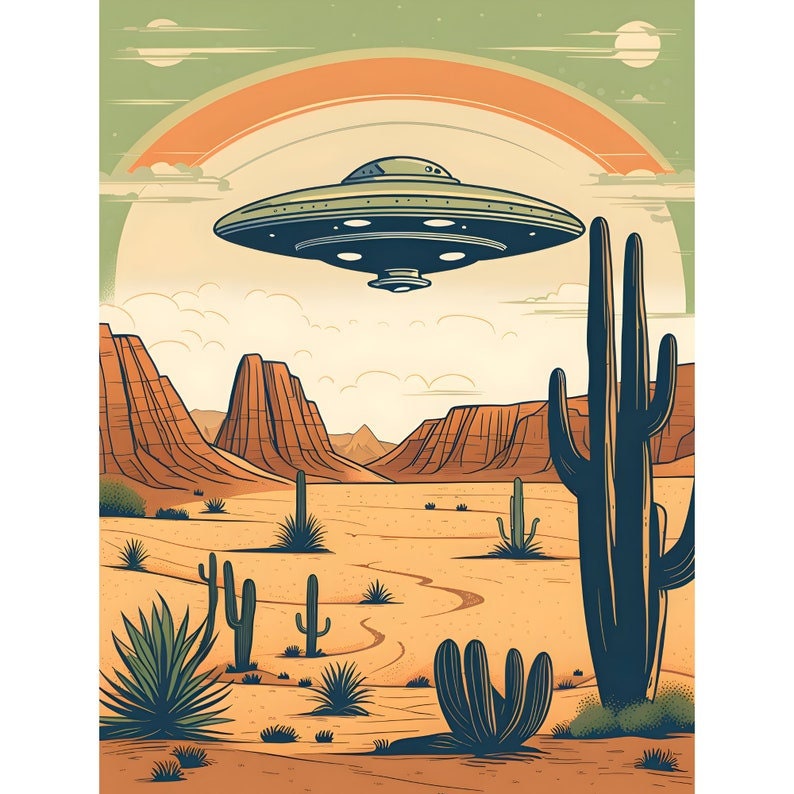 Vintage 70s Style Desert UFO Art Print | Vintage UFO Poster