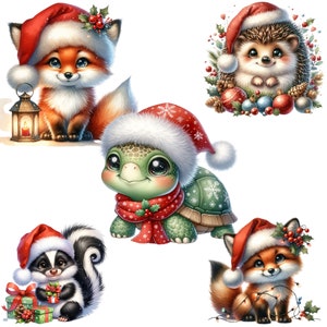 Clip art d'animaux de Noël, animaux mignons, illustration de raton laveur, dessin de tortue de Noël, renard de vacances, hérisson de chapeau de Père Noël, mouffette de Noël