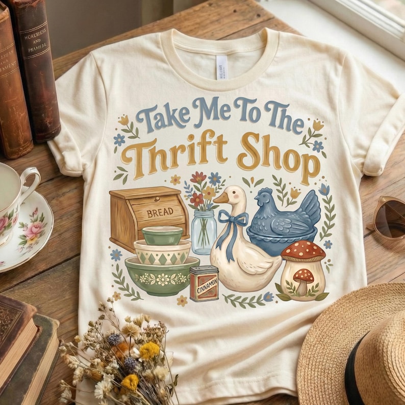 May include: Cream-colored t-shirt with the text "Take Me To The Thrift Shop" in blue and gold. The graphic includes a bread box, bowls, a duck with a blue bow, a chicken, and a mushroom. The design has a vintage, cottagecore aesthetic.