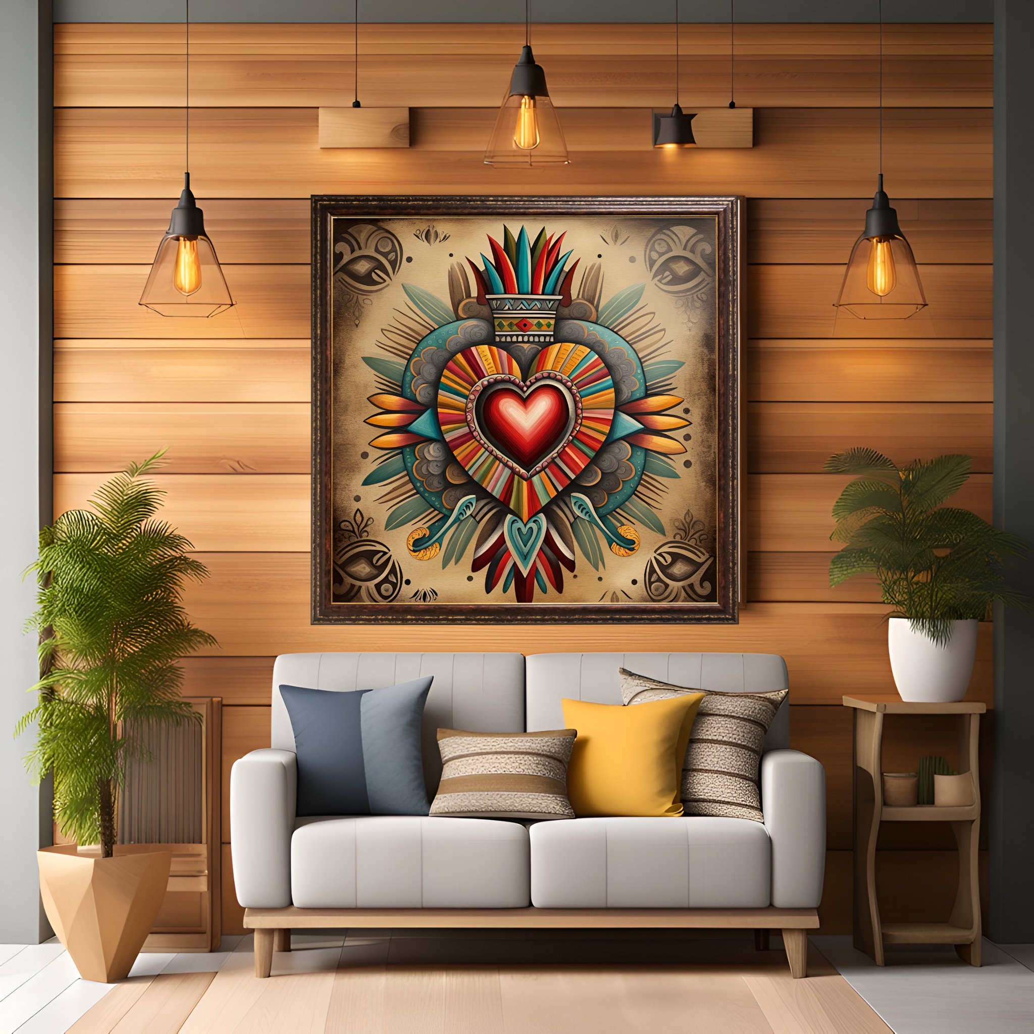 Mexican Sacred Heart Inspired Art Print, Aztec Art, Mexican Heart ...