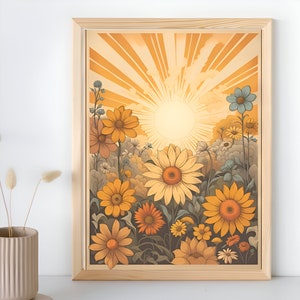 Vintage años 70 estilo Sunshine Flower Field Art Print / flores de los años 70 / flores hippies / cartel vintage de los años 70 / impresión digital / arte de pared imprimible