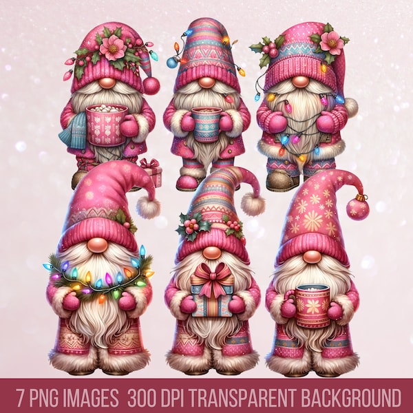 Christmas Gnomes Festive Gnomes pink Gnome Design, Digital Download, Gnome PNG, Cute Gnome Illustration,Christmas Lights  Christmas Gnomes