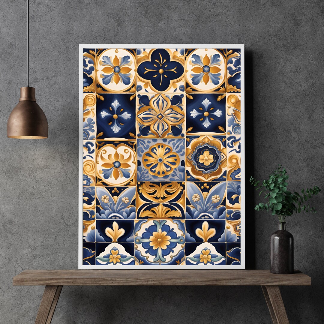 Navy Blue and Gold Mexican Talavera Tiles, Blue and Gold Abstract