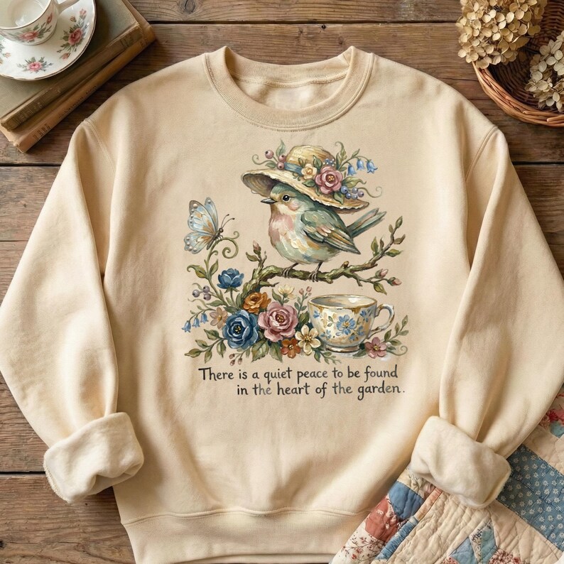 Pu&ograve; includere: Felpa color crema con un'illustrazione dettagliata di un uccello con un cappello, appollaiato su un ramo con fiori e una tazza da t&egrave;. Sono inclusi anche una farfalla e il testo "There is a quiet peace to be found in the heart of the garden".