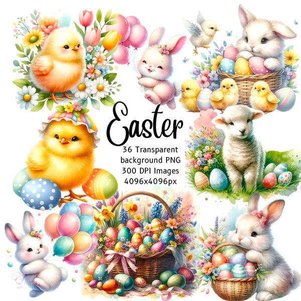 Watercolor Easter Clipart bundle, cute watercolor Bunny, baby chick, Easter baskets, Chicken, Basket, cute watercolor Easter clip art bundle