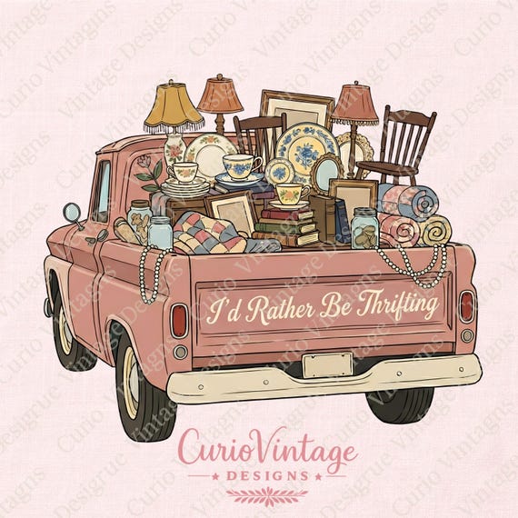 I’d Rather Be Thrifting PNG | Vintage Thrift Queen Truck Design | Cute Thrift Store Shirt Graphic | Retro Floral Sublimation PNG