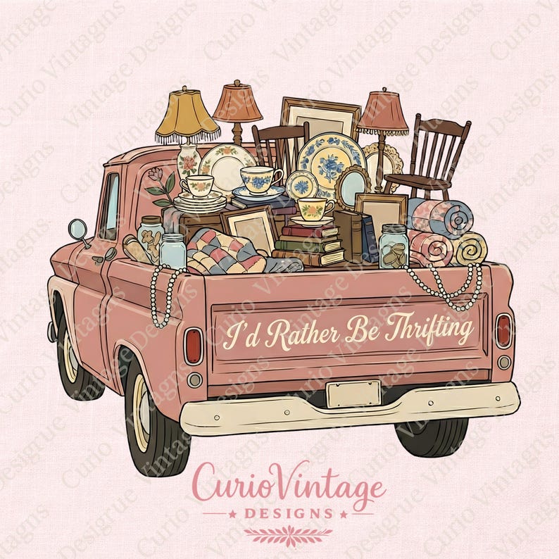 May include: A pink vintage pickup truck filled with antique furniture, lamps, dishes, books, and quilts. The truck bed has the text "I'd Rather Be Thrifting". A string of pearls and jars of items are also visible.