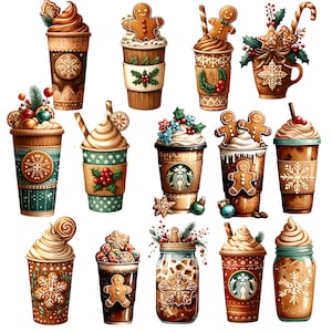 Imágenes prediseñadas de café de Navidad de acuarela, gráficos de café navideño, ilustración de café con leche, diseño de café, arte de café de pan de jengibre, imágenes prediseñadas de café,