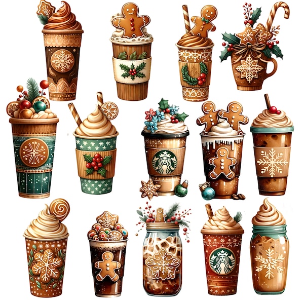 Watercolor Christmas coffee clipart, holiday coffee graphics, latte illustration, coffee design, gingerbread coffee art,coffee clipart,