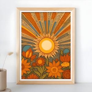 Vintage 70s Style Sunshine Flower Field Art Print | 70s flowers | Hippie Flowers | vintage 70s Poster | Digital Print | Printable Wall Art