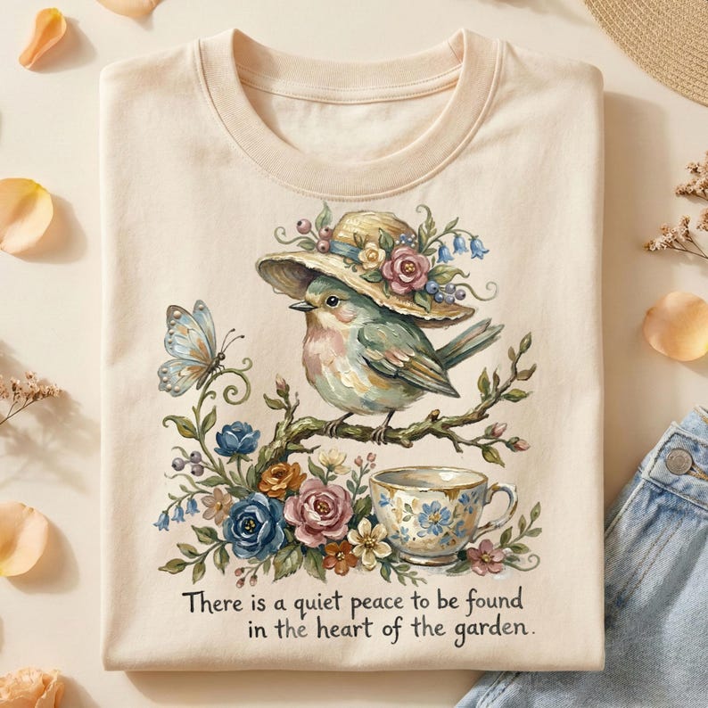 Pu&ograve; includere: T-shirt color crema con un'illustrazione ad acquerello di un uccello con un cappello floreale, appollaiato su un ramo con una tazza da t&egrave;. Una farfalla e accenti floreali circondano l'uccello. Il testo recita: "There is a quiet peace to be found in the heart of the garden."