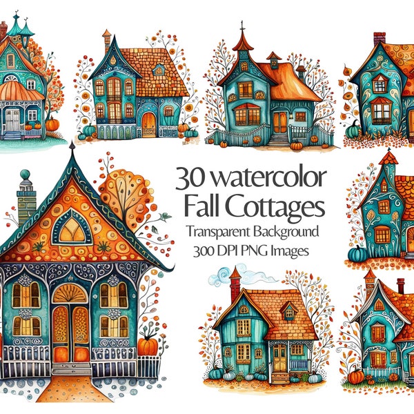 Whimsical Teal and Orange Fall Cottages with Pumpkins Clip Art - Set of 30