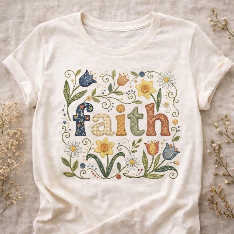 May include: Cream-coloured t-shirt with the word "faith" in colourful, patchwork-style letters. The word is surrounded by a floral design with daisies, tulips, and other flowers. The shirt has short sleeves and a crew neck.