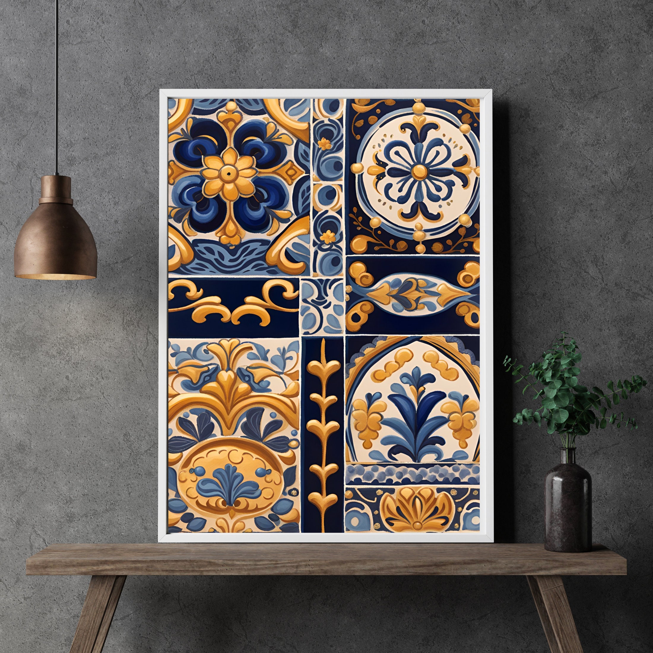 Navy Blue and Gold Mexican Talavera Tiles, Blue and Gold Abstract