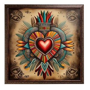 Impresión de arte inspirada en el Sagrado Corazón mexicano, arte azteca, arte de pared imprimible del corazón mexicano, descarga digital, impresión de arte del corazón mexicano, arte mexicano