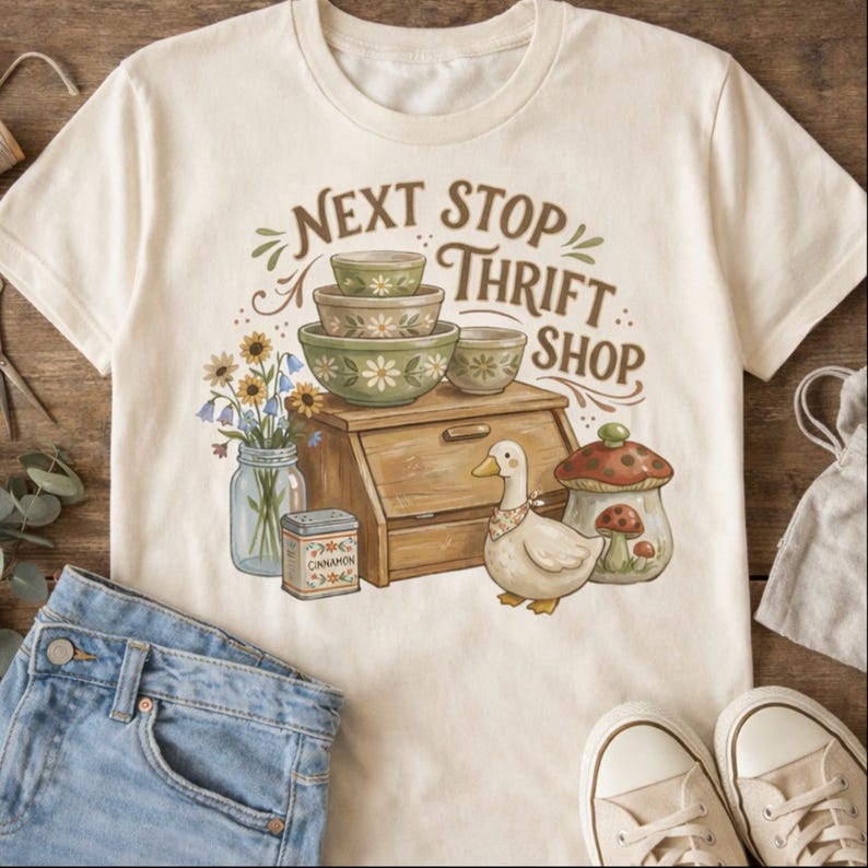 May include: Cream-colored t-shirt with a graphic featuring a duck, bowls, and the text "NEXT STOP THRIFT SHOP." The design includes a wooden breadbox, a jar of flowers, and a cinnamon tin. A pair of blue jeans and canvas shoes are visible.