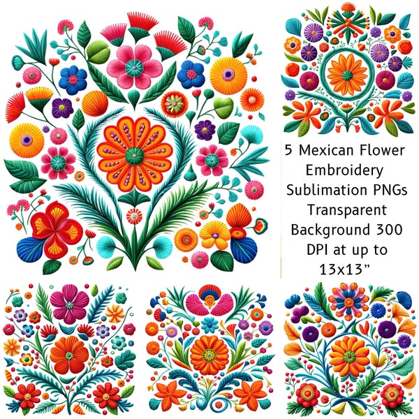 5 Mexican embroidery flowers PNG Files Mexican otami clip art PNG  Floral  sublimation design Adventure printable transfer flores bordadas