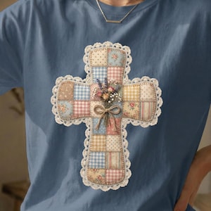 Cruz de patchwork PNG, Cruz de colcha vintage PNG digital, Diseño de cruz de encaje floral PNG, Archivo de sublimación cristiano, Descarga instantánea, Faith Shir imagen 1