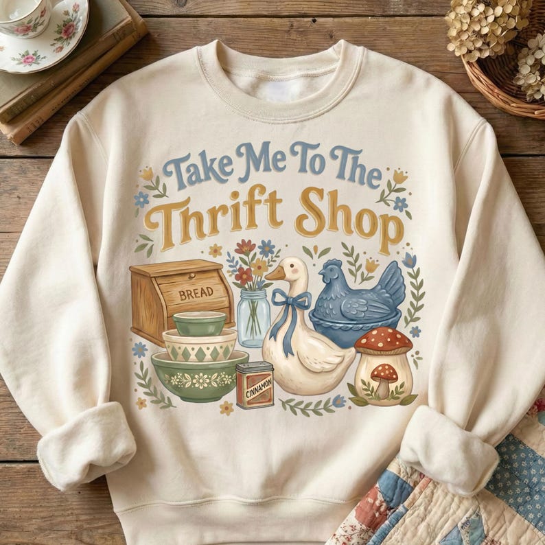 May include: Cream-colored sweatshirt with a graphic that reads "Take Me To The Thrift Shop." The graphic includes a bread box, bowls, a duck with a blue bow, a blue hen, a mushroom, and a jar of flowers. The word "Cinnamon" is on a small can.