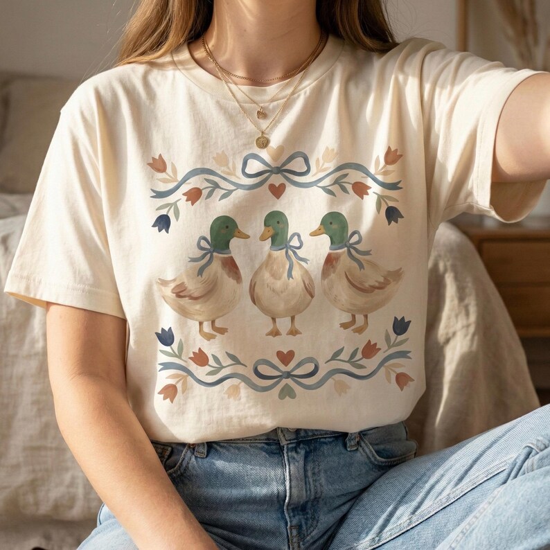 May include: Cream-coloured t-shirt with a watercolour illustration of three ducks with green heads and blue bows. The ducks are within a decorative floral and ribbon border in blue, red, and brown. The shirt is made of soft material.