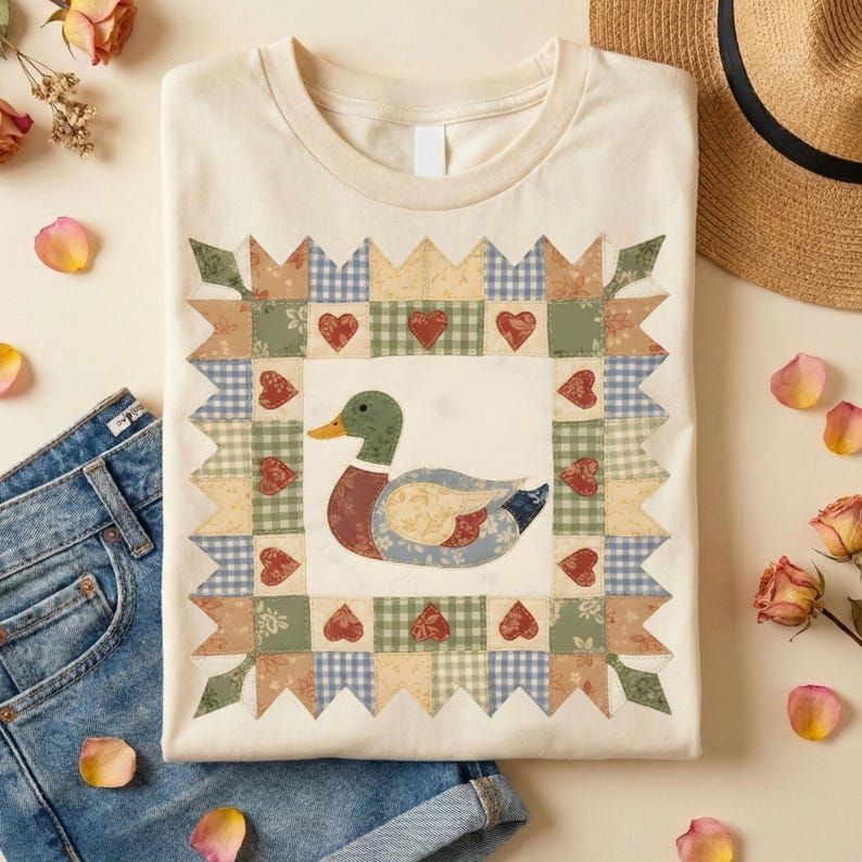 以下が含まれることがあります： パッチワークのアヒルのデザインが施されたクリーム色のTシャツ。アヒルは、ハートと緑、青、ベージュの色合いの模様の生地でできた正方形のフレームで囲まれています。Tシャツは青いデニムジーンズの上に折りたたまれています。素朴なデザイン。