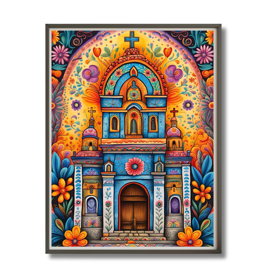 絵画 70s Mexico art Mexican Village Church Painting, Flower Market, Mexico