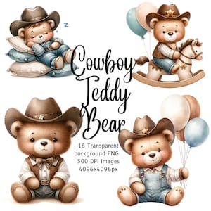 Aquarel Cowboy teddybeer clipart bundel, cowboy Baby Shower, baby boy babyshower, Cute cowboy babyshower illustraties, baby cowboy clipart