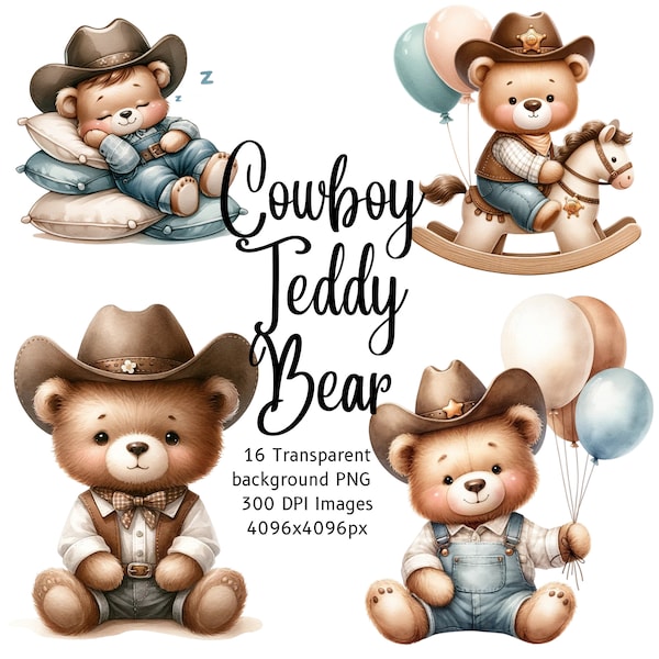 Watercolor Cowboy teddy bear clipart bundle, cowboy Baby Shower, baby boy babyshower, Cute cowboy babyshower clip art, baby cowboy clipart