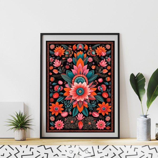 Pink and Teal | Mexican Flowers Poster | Neon | Flower Market | Aztec Mexico Art | Mexican Art Poster | Mexican Folk Art | Flower