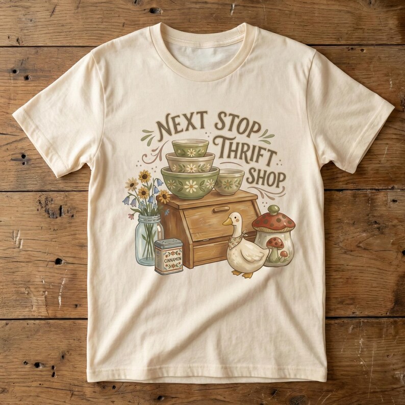 May include: Cream-colored t-shirt with a graphic featuring a wooden cabinet, bowls, a duck, and a mushroom-shaped jar. The text "Next Stop Thrift Shop" is arched above the cabinet. A jar of flowers and a cinnamon tin are also included.
