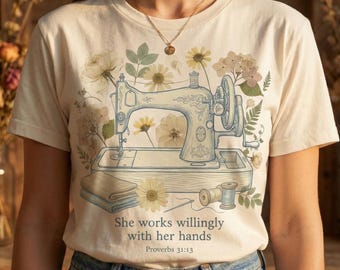 Proverbs 31:13 Sewing Shirt Design PNG, Christian Sewing PNG Digital Download, Vintage Sewing Machine Floral Shirt Graphic, Instant Download